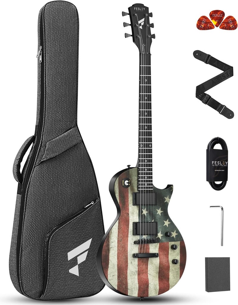 Fesley 39" LP Electric Guitar Kit: Full Size Solid Body Electric Guitars for Beginners with Humbucker Pickups,Poplar Body,Mahogany Neck,22 Frets,6 String Guitar with Gig Bag, FLP400,Matte,US Flag - Image 1